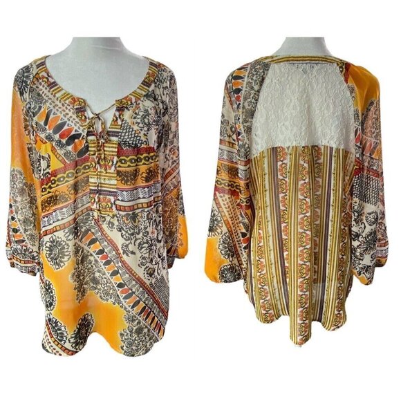 FIG & FLOWER Anthropologie Pullover V Neck Blouse Multicolor Orange L 81-14 - Picture 1 of 14